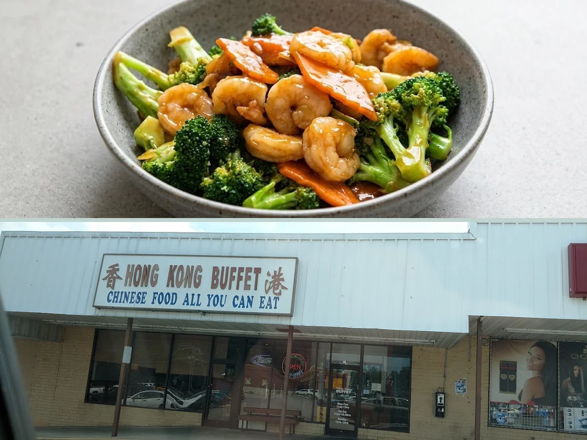 Buffet trays with Chinese dishes under warm lights.