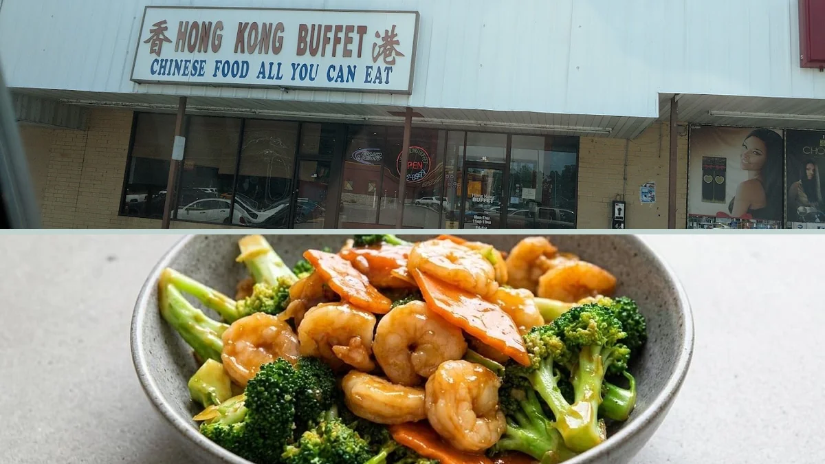 Buffet trays with Chinese dishes under warm lights.