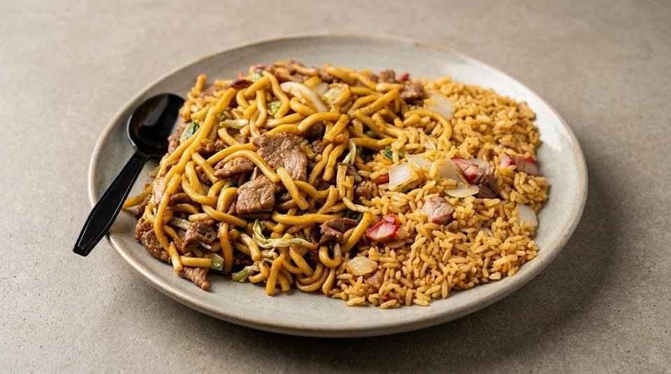 Printed menu with Chinese buffet categories and platters.