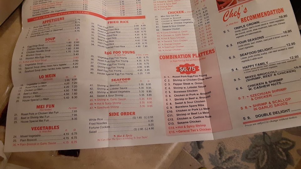 Takeout menu listing combination platters and appetizers.