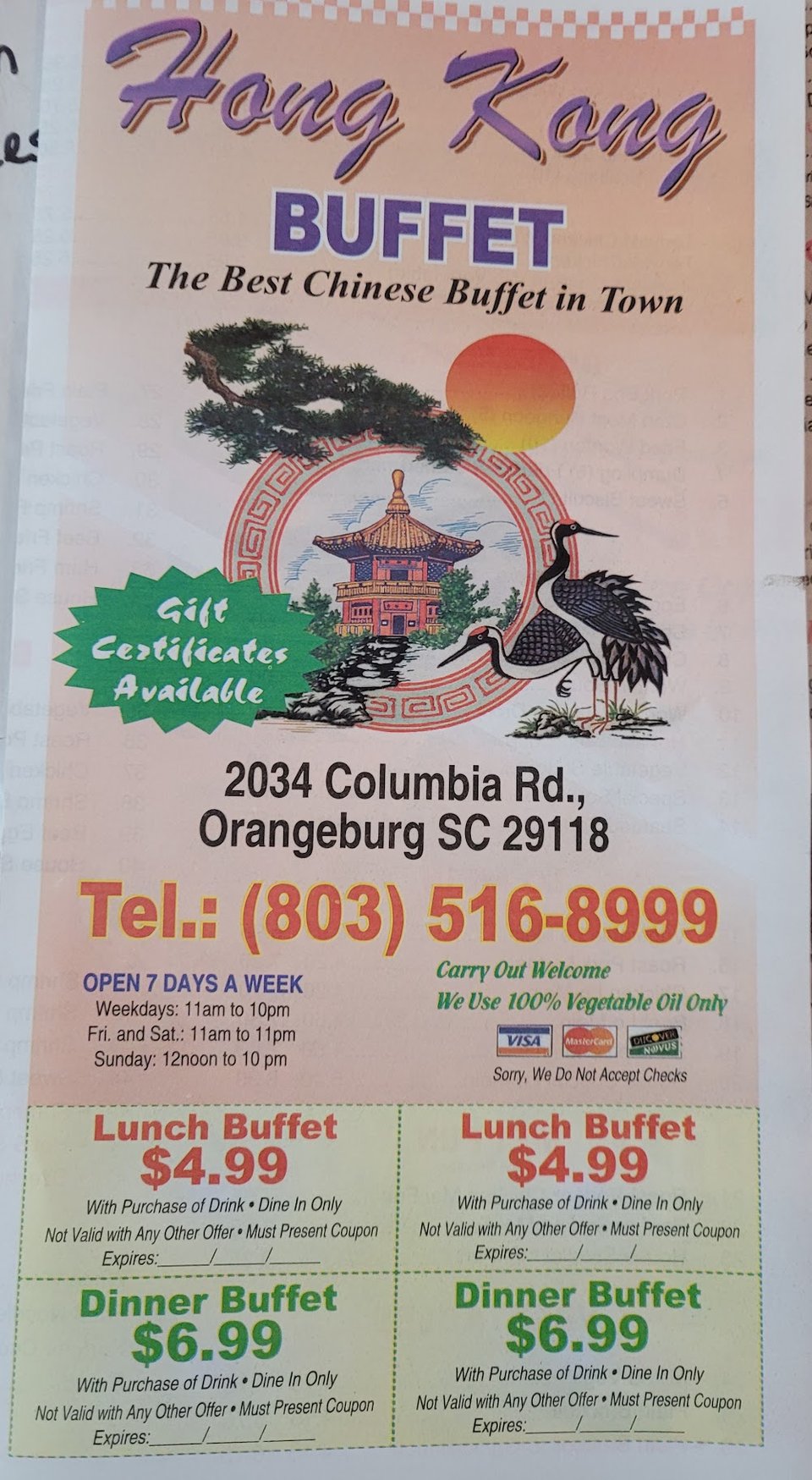 Printed menu with Chinese buffet categories and platters.